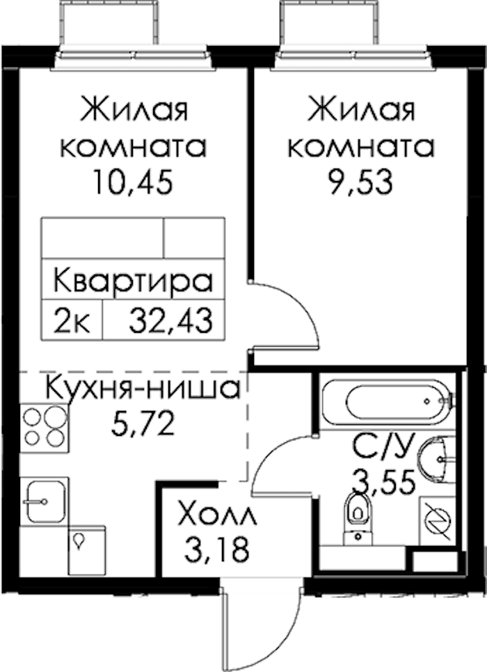1-комнатная квартира 32.43 м², 6/15 эт., ЖК «Янинский лес»